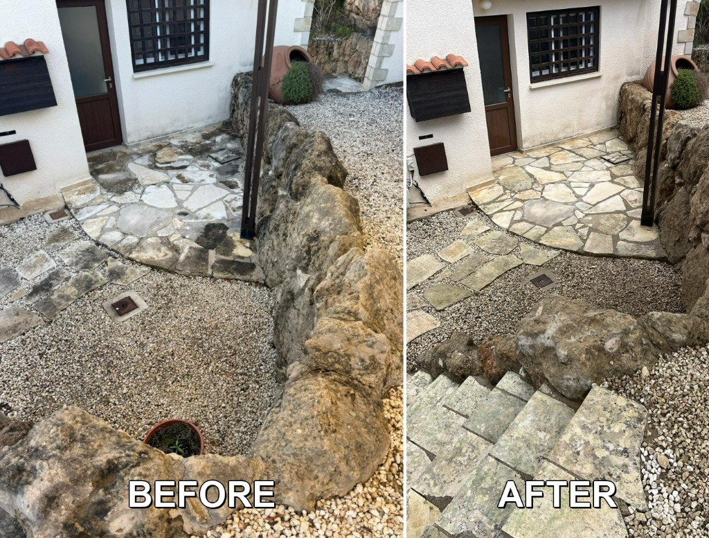Before and after stone steps pressure washing